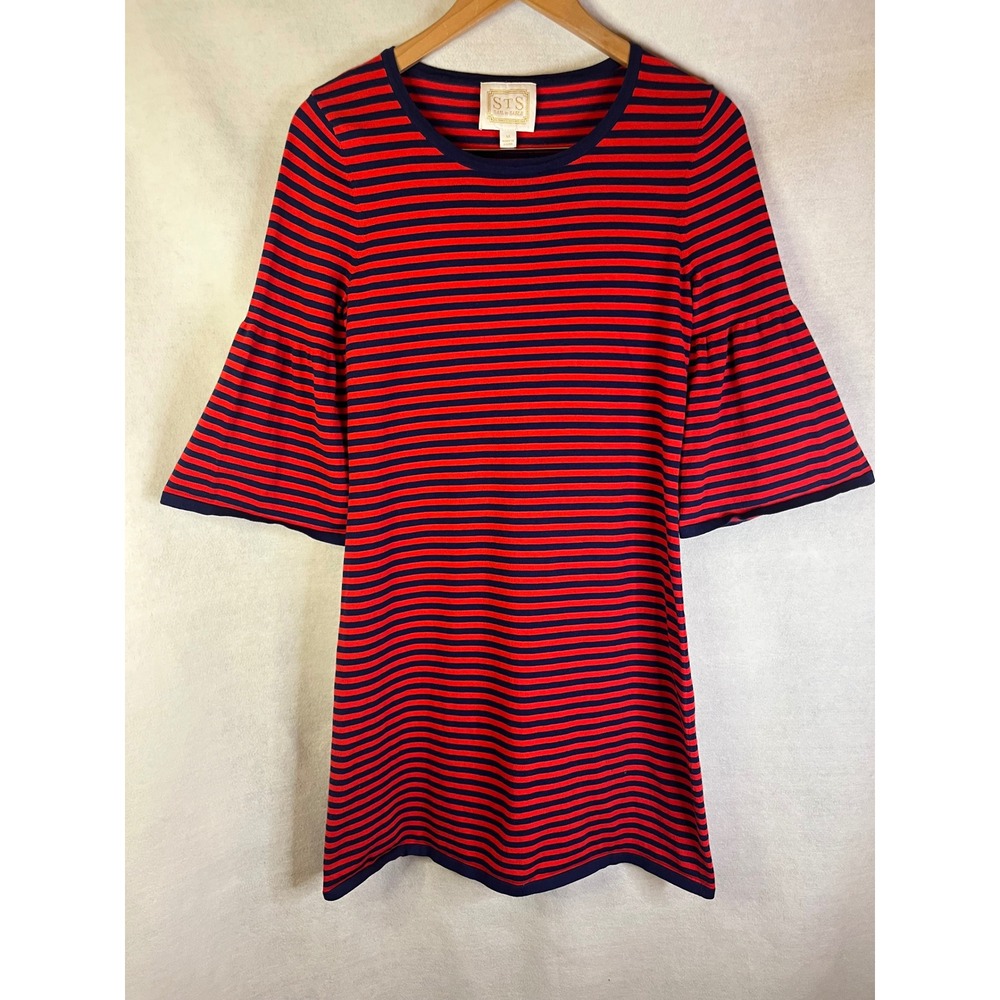 Sail To Sable M Red Navy Striped Dress Bell Sleeves